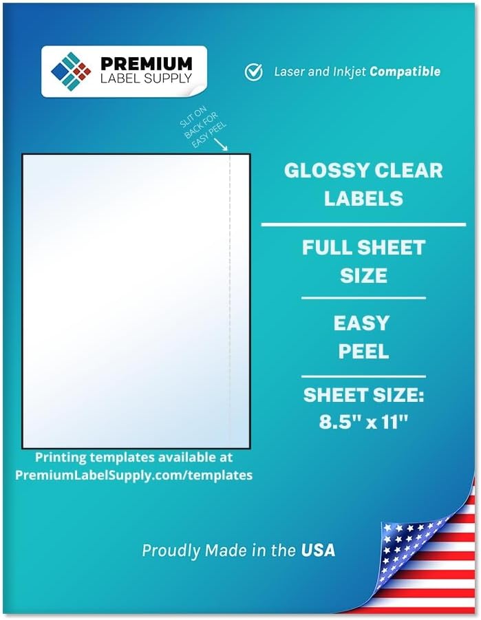 Premium Label Supply Full Sheet Glossy Clear Labels â 8.5" x 11" â Laser/Inkjet Compatible â 1000 Sheets - Letter Size