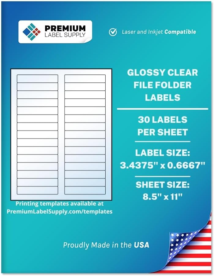 Premium Label Supply Glossy Clear File Folder Labels â 3.4375" x 0.6667" â Laser/Inkjet Compatible â (30 per Sheet), 25 Sheets â 750 Total Adhesive Labels