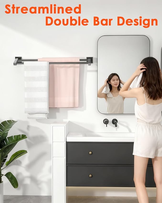 Alise Double Bath Towel Bars Towel Racks for Bathroom,Wall Mount Towel Holder Heavy Duty SUS304 Stainless Steel Towel Hanger Rail,GK9700-B Matte Black,28-Inch