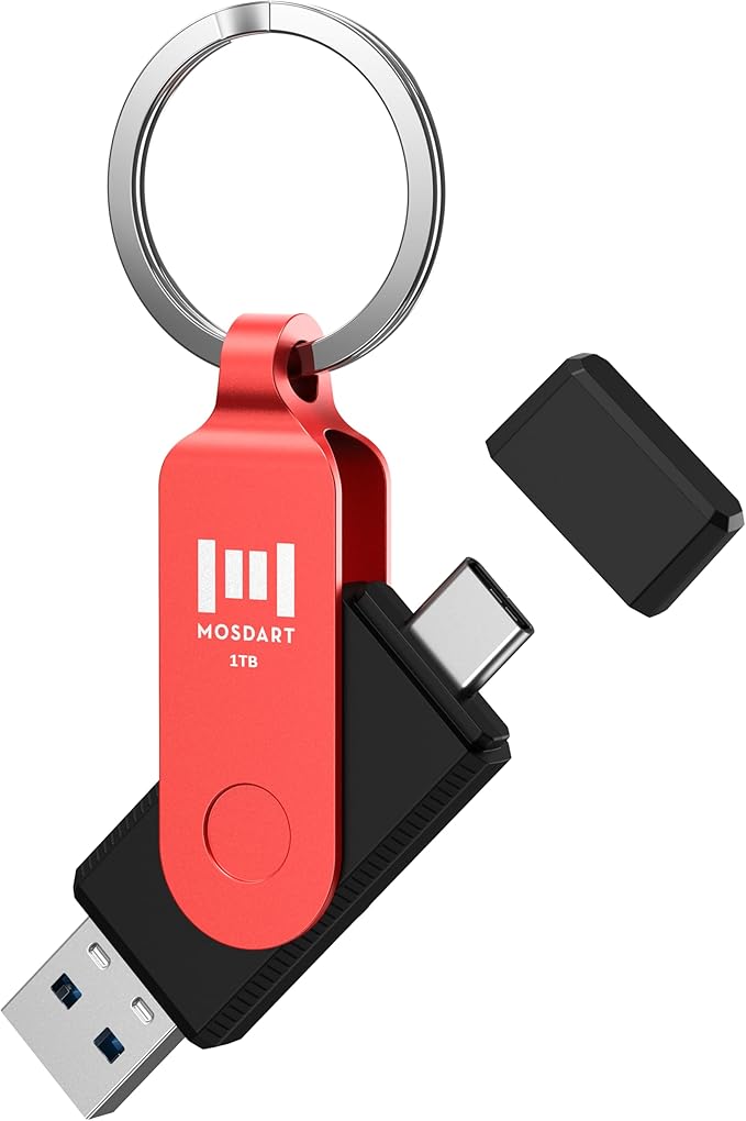 MOSDART 1TB USB3.1 Fast Speed C and A Dual Flash Drive, exFAT Memory Stick with Keychain and LED Indicator, for iPhone 15,16,17, Android Phone, iPad, MacBook, and Other Laptops, Red