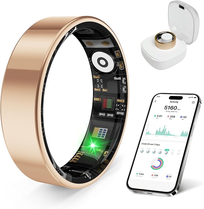 Smart Health Ring, Featuring Stress and Sleep Monitoring Functions, Compatible with iOS and Android, Waterproof Fitness Tracker for Women & Men, No Subscription Fee. (Rose Gold, 8)