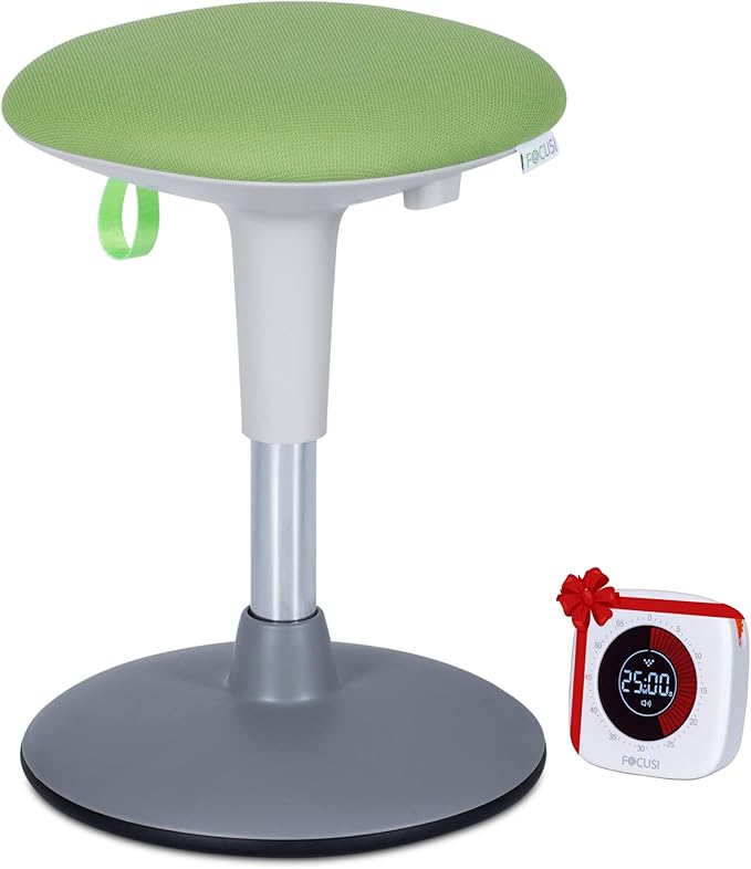 Wobble Stool for Kids Ages 7â12; Adjustable Height Wobble Stools for Classroom Seating with Soft Cushion; Flexible Wiggle Chair for Focus and ADHD Support + Bonus Visual Timer (Nature Green)