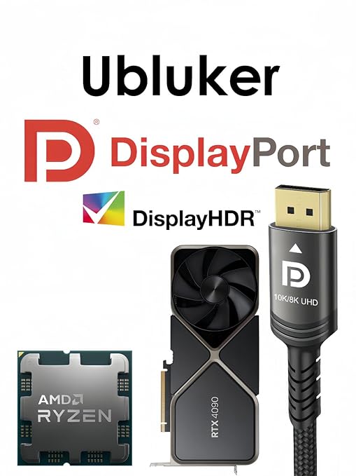 10K 8K DisplayPort 2.1 Cable 54Gbps 8 FT, Certified DP to DP Cord 4K 240Hz 165Hz 144Hz 120Hz 10K 8K 120Hz Nylon Braided UHBR HDCP2.3 FreeSync G-Sync RTX5090 Gaming Monitor PC Projector