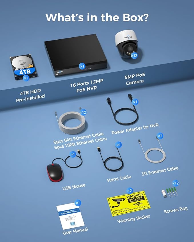 【360°View】 Hiseeu 12MP NVR 12 Pcs 5MP PoE PTZ Cameras, 350°Pan 90° Tilt,Auto Human Tracking, Human Vehicle Detect, 2 Way Audio, 7/24 Record&Playback,4TB HDD for Home Surveillance Outdoor Indoor