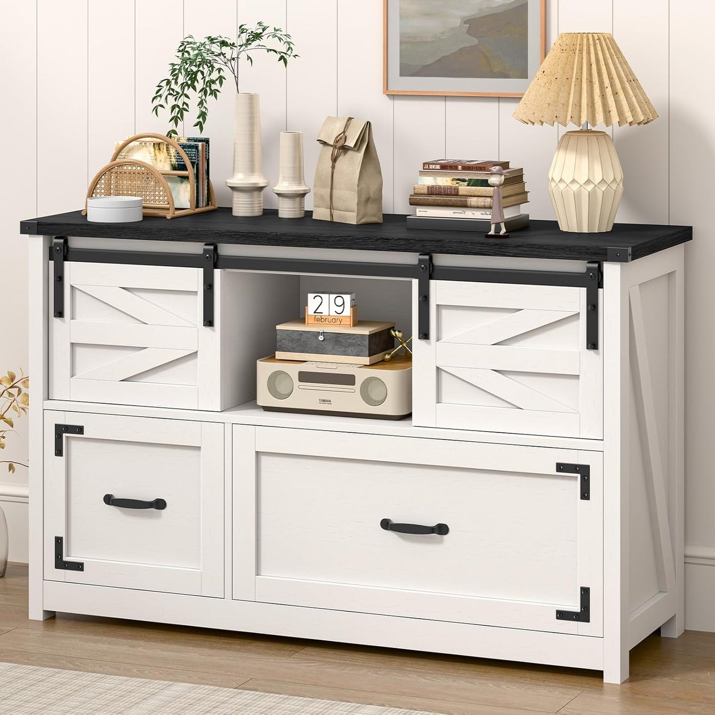 Lateral File Cabinets 2 Drawer with Sliding Barn Doors, Farmhouse Filing Cabinet with 2 Drawer for Home Officeï¼Filing Organization Storage Cabinets for Hanging Files Letter/Legal/F4/A4.(Black.)