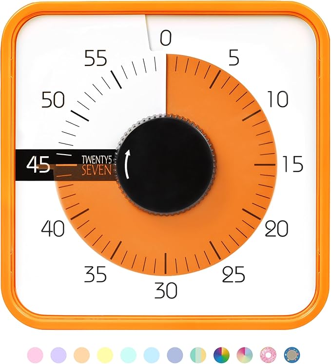 TWENTY5 SEVEN Countdown Timer 7.5 inch; 60 Minute 1 Hour Visual Timer â Classroom Teaching Tool Office Meeting, Mechanical Countdown Clock for Kids Exam Time Management Magnetic, Orange