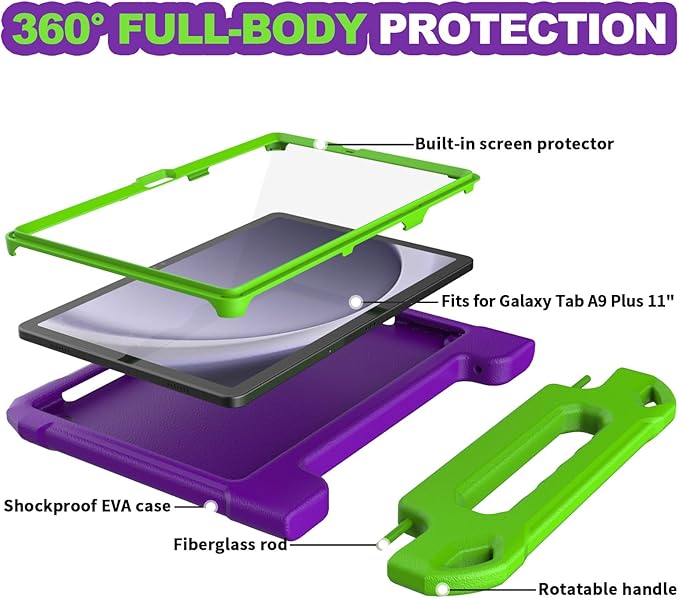 YIHE Kids Case for Samsung Galaxy Tab A11 Plus 2025 & A9 Plus 2023 11 Inch, Shockproof Handle Stand Cover with Built-in Screen Protector, Purple&Green