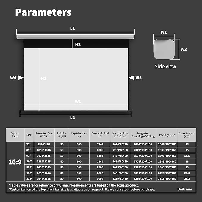 QuadraArc Motorized Drop Down Projector Screen 16:9 White Matt, Wall & Ceiling Mount, Electric Pull Down Screen with Remote Control, Compatible with All Projectors 100"