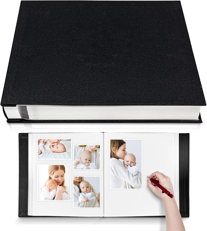 Photo Album Self Adhesive 3x5 4x6 5x7 6x8 8x10 8.5x11 11x10.6 Magnetic Scrapbook Album DIY Length 11x10.6 Inch 40 Pages Linen Cover DIY Photo Album with A Metallic Pen and and Plastic Board(Black)