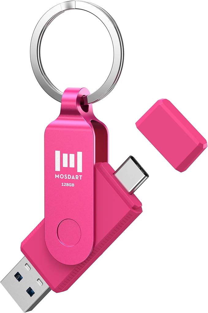 MOSDART 128GB USB3.1 Fast Speed C and A Dual Flash Drive, exFAT Memory Stick with Keychain and LED Indicator, for iPhone 15,16,17, Android Phone, iPad, MacBook, and Other Laptops, Hot Pink