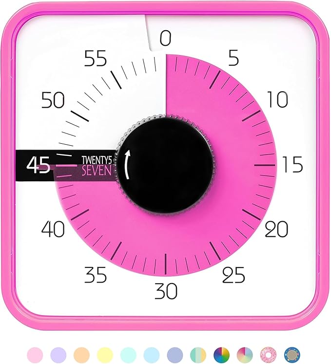 TWENTY5 SEVEN Countdown Timer 7.5 inch; 60 Minute 1 Hour Visual Timer â Classroom Teaching Tool Office Meeting, Mechanical Countdown Clock for Kids Exam Time Management Magnetic, Pink