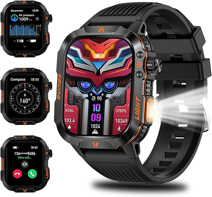 Military Smartwatch for Men, LED Flashlight Bluetooth Call IP68 Waterproof Heart Rate Blood Oxygen Sleep Tracker Fitness Pedometer Android iOS Compatible - Ideal for Hunting Hiking Extreme Sports