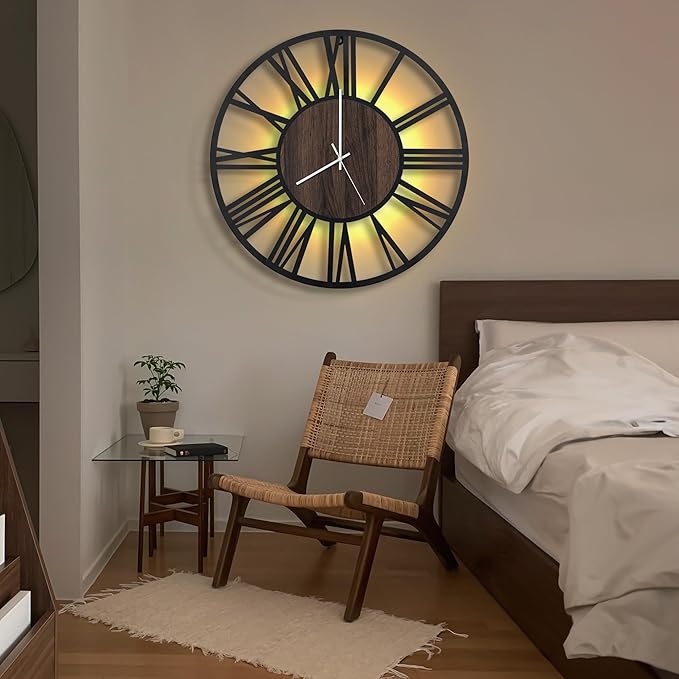 LEIKE Large LED Wall Clocks,Silent,Non Ticking,Battery Operated Rustic Round Modern Big Wood Wall Clock for Living Room, Bedroom,Kitchen,Farmhouse,Office,Home Decor -20" Black,LED,Roman Number