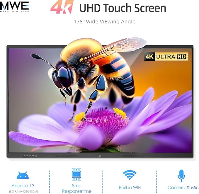 85" Smart Board, 4K UHD Interactive Board, 20-Point Touch, Android 13, 8GB & 128GB, Screen Sharing, Bluetooth/WiFi/HDMI, All-in-One Meeting & Education Solution (Wall Mount Included)