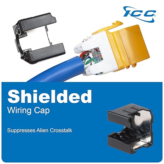 ICC CAT6A Keystone Jack with Slim Profile 180 Degree Punch Down, 10Gbps RJ45 UL Listed PoE++ TAA Compliant for Wall Plate or Patch Panel, Works with JackEasy Termination Tool, Blue 10 Pack