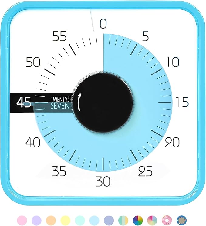 TWENTY5 SEVEN Countdown Timer 7.5 inch; 60 Minute 1 Hour Visual Timer â Classroom Teaching Tool Office Meeting, Mechanical Countdown Clock for Kids Exam Time Management Magnetic, Sky Blue