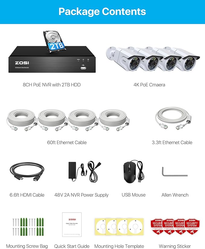 ZOSI 8CH 4K PoE Security Camera System,4pcs 8MP Outdoor Indoor PoE Cameras,Color Night Vision,Human Detection,Spotlight Siren,One-Way Audio,4K 8Channel CCTV NVR with 2TB HDD for Home 24/7 Recording