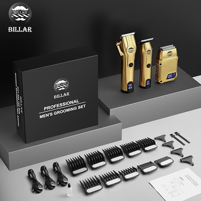 BILLAR Professional Barber Clippers and Trimmer Set - Foil Shaver Professional Hair Clippers for Men, Mens Cordless Hair Clipper for Barbers Haircut Kit(Golden)