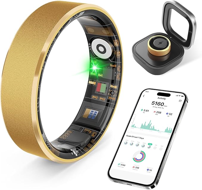 Smart Health Ring, Featuring Stress and Sleep Monitoring Functions, Compatible with iOS and Android, Waterproof Fitness Tracker for Women & Men, No Subscription Fee. (Gold, 11)