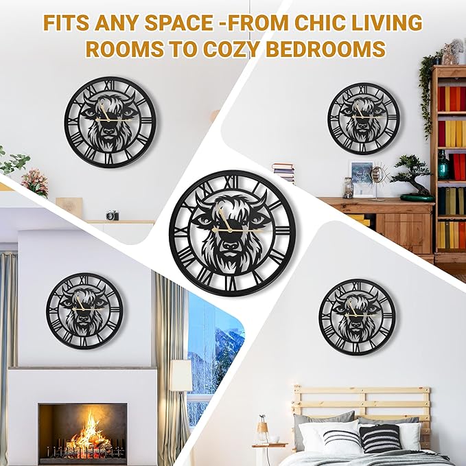 24Inch Large Wall Clocks Battery Operated,Farmhouse Black Metal Non-Ticking Wall Clock,Wall Clocks for Living Room Decor,Bedroom,Kitchen(Highland Bull Wall Clock, 24 Inch)