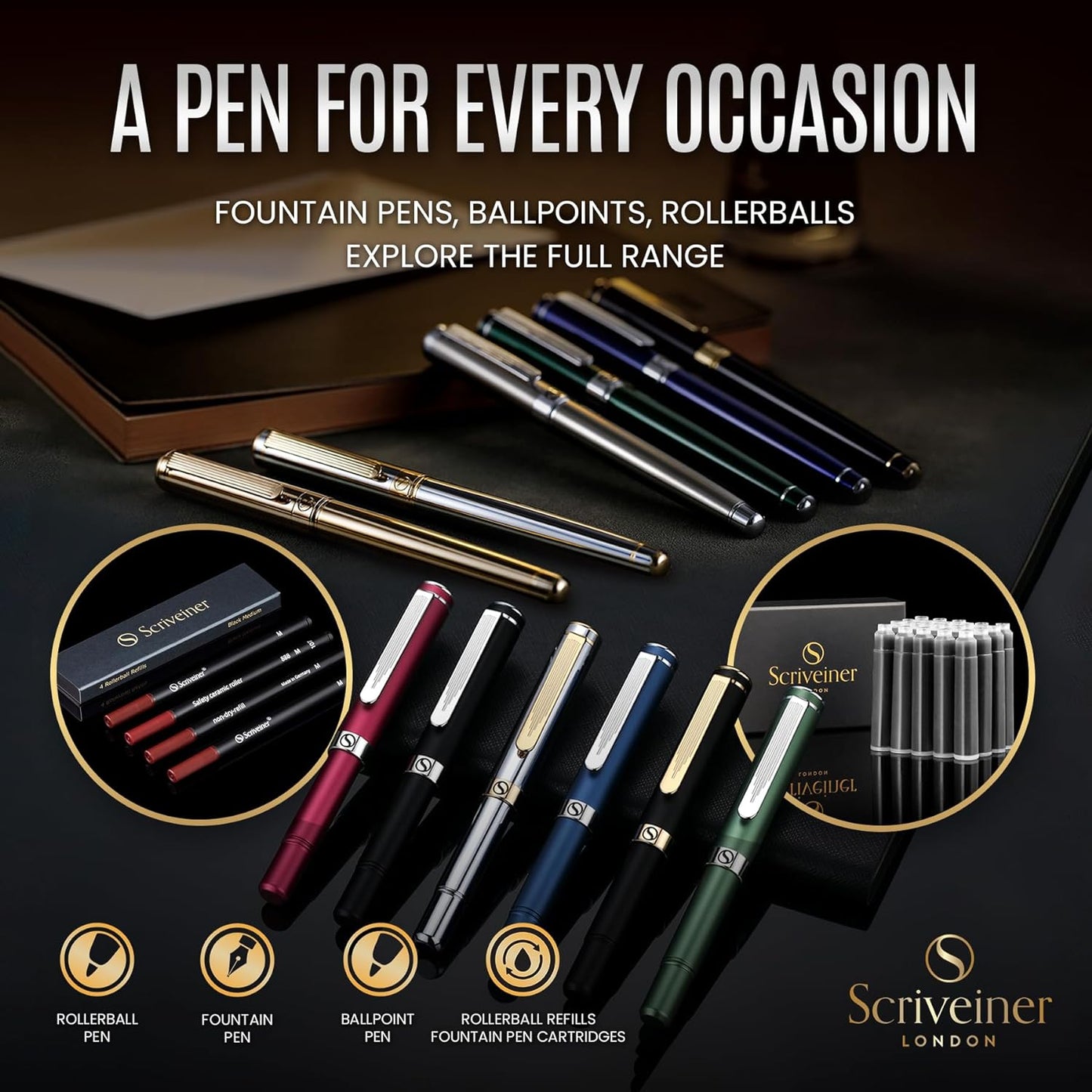 Scriveiner British Racing Green Fountain Pen - Stunning Luxury Pen with Chrome Finish, Schmidt Nib (Medium), Best Pen Gift Set for Men & Women, Professional, Executive, Office, Nice Pens