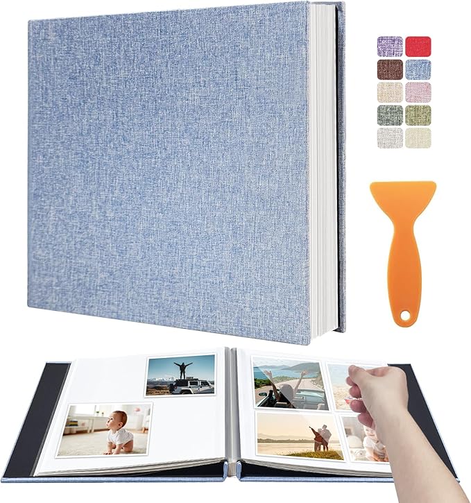 Large Photo Album Scrapbook, Holds 4x6, 8x10 Pictures, Self-Adhesive Pages for Baby, Wedding, Travel & Family Memories, Includes Metallic Pen & Scraper, Light Blue DIY Memory Book for Gifts