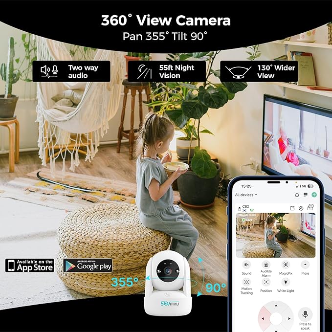 Sovmiku CB2 2k AI Tracking Security Camera for Home,Pet Camera Indoor, Baby Monitor,360ยฐ View Pan/Tilt Cam,Two Way Audio,Night Vision,Easy to Setup,Audible Alarm,2.4GHz Wi-Fi, 180 Days Exchange Policy