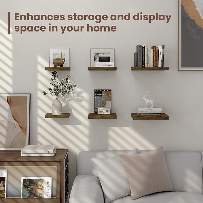 Fun Memories Square Floating Shelves for Wall - 9.3 Inch Deep Floating Shelves with Invisible Brackets, Brown Small Wall Shelf for Living Room, Bathroom, Bedroom, and Kitchen Decor,Set of 4