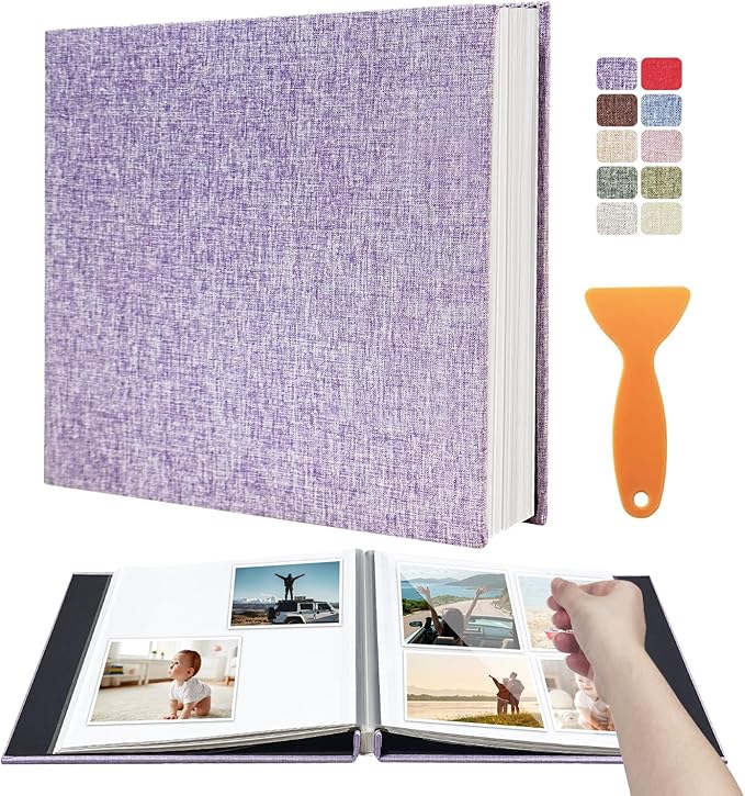 Photo Album Scrapbook â 4x6, 5x7 & 8x10 Pictures â Self-Adhesive Pages for Baby, Wedding, Travel & Family Memories | Includes Metallic Pen & Scraper/Light Purple Large DIY Memory Book for Gifts