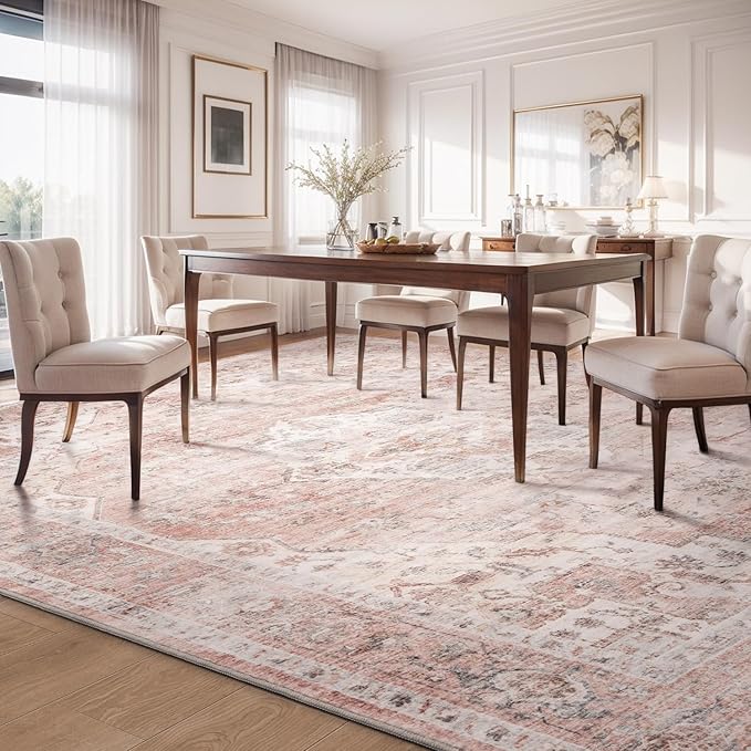 AMOAMI 4x6 Soft Vintage Area Rug - Non-Slip Washable Rug for Living Room, Bedroom, Dining Room, Office - Pink