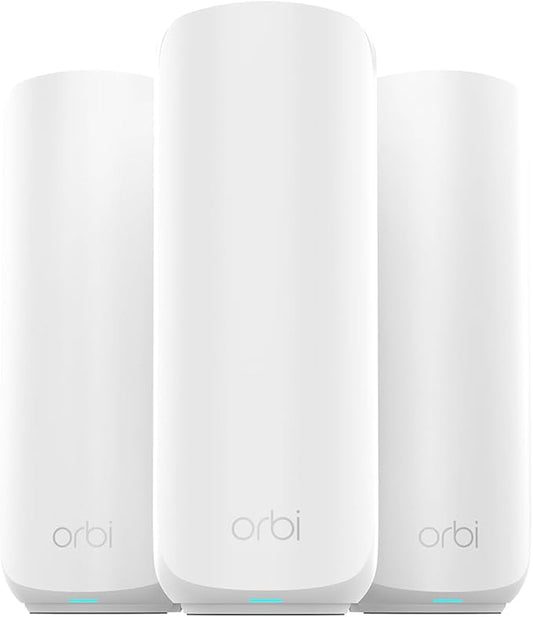 NETGEAR Orbi 370 Series Dual-Band WiFi 7 Mesh Network System for Home (RBE373) – Wireless Router + 2 Extenders, Security Features, 5 Gbps, Covers 6,000 sq.ft., 70 Devices, 2.5GB Internet Port, BE5000