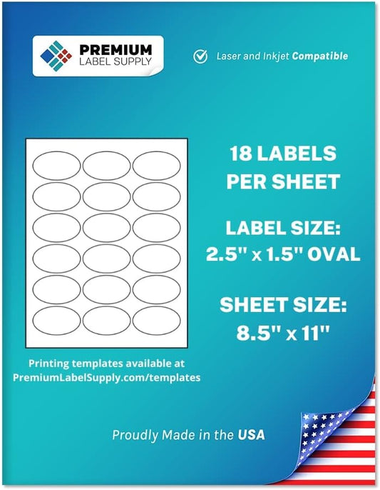 Premium Label Supply White Sticker Oval Labels – 2.5" x 1.5" Oval – Laser/Inkjet Compatible – (18 per Sheet), 25 Sheets – 450 Total Adhesive Labels