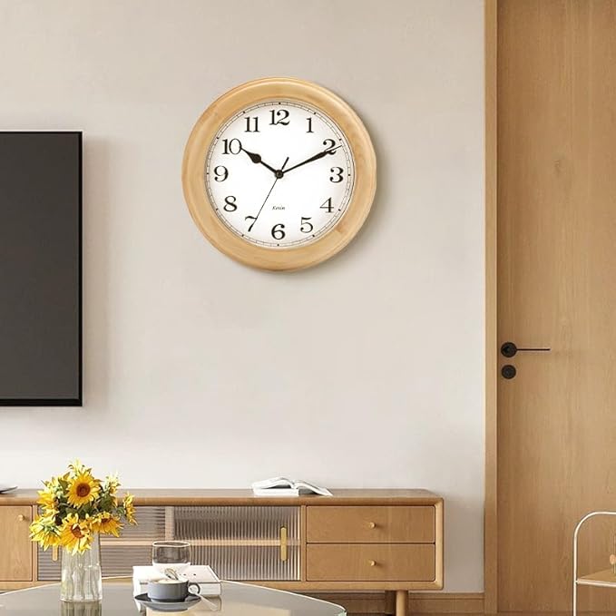 Kesin Wooden Wall Clocks 14 Inch Silent Wall Clock Large Decorative Battery Operated Non Ticking Analog Modern Clock for Living Room Kitchen Bedroom, Natural Grain