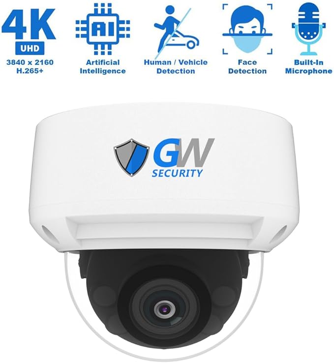 GW Security 8 Channel NVR 4K 8MP PoE 2.8-12mm Varifocal Zoom Security Camera System with 4 x 4K 8MP IP Microphone Waterproof Smart AI Dome Camera, Face Recognition/Human/Vehicle Detection