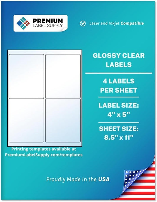 Premium Label Supply Glossy Clear Labels â 4" x 5" â Laser/Inkjet Compatible â (4 per Sheet), 500 Sheets â 2,000 Total Adhesive Labels