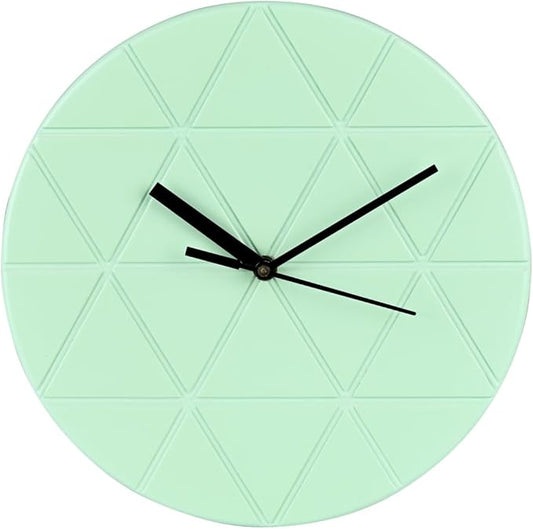 Mint Green Wooden Wall Clock 24cm Round Geometric Triangle Pattern MDF, (Batteries not Included)