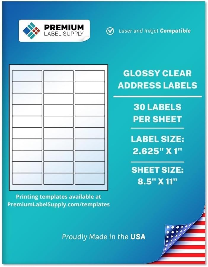 Premium Label Supply Glossy Clear Address Labels â 2.625" x 1" â Laser/Inkjet Compatible â (30 per Sheet), 10 Sheets - 300 Total Adhesive Labels