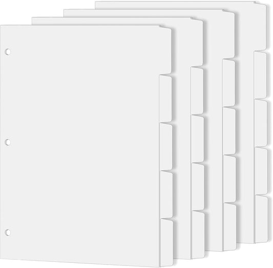 Binder Dividers for 3 Ring Binder, 1/5 Cut Tabs, Letter Size, Blank Write On Page Dividers with 5 Big Tabs for School Office Home, 4 Sets, 20 Dividers, White