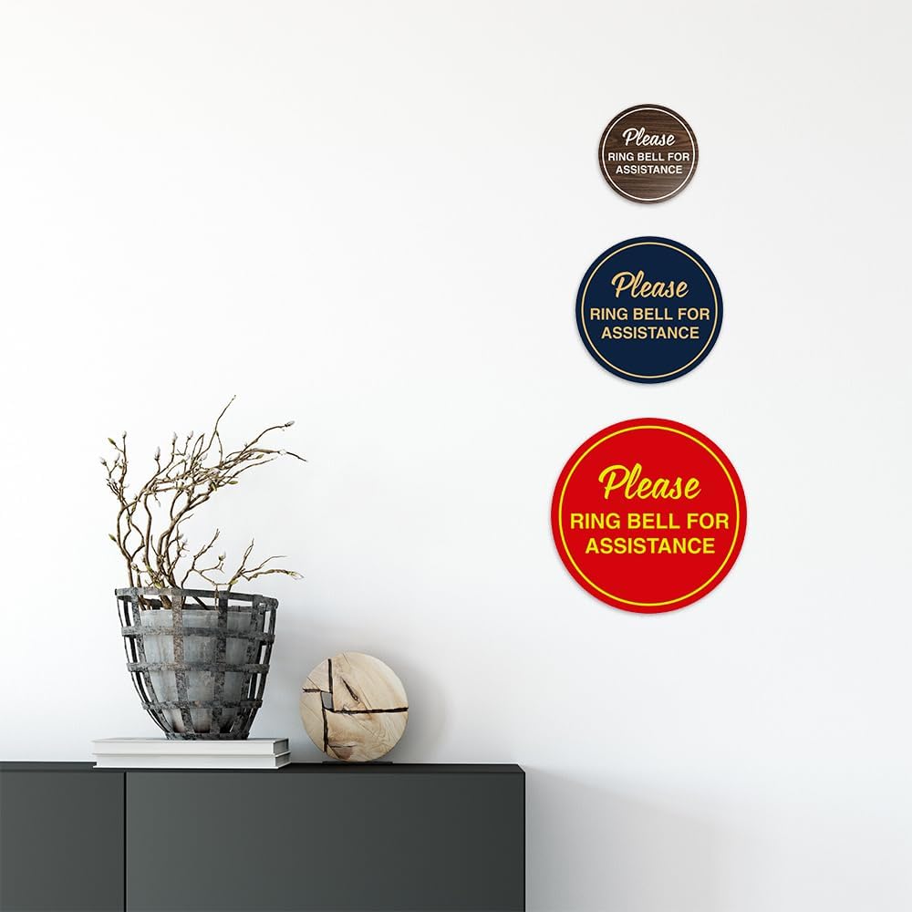 Signs ByLITA Circle Please Ring Bell For Assistance Wall or Door Sign | Easy Installation | Front Desk Reception Sign (Ivory/Dark Brown) - Large (2 Pack)