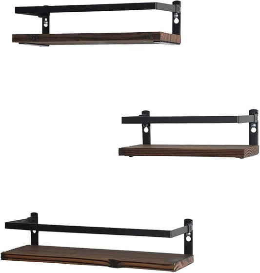 Floating Shelves Rustic Wood Wall Mounted Shelf Practical Metal Fence Design Ideal for Bedroom, Bathroom, Kitchen Set of 3(Brown)