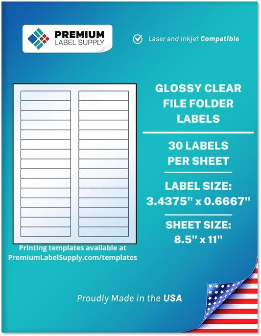 Premium Label Supply Glossy Clear File Folder Labels â 3.4375" x 0.6667" â Laser/Inkjet Compatible â (30 per Sheet), 25 Sheets â 750 Total Adhesive Labels