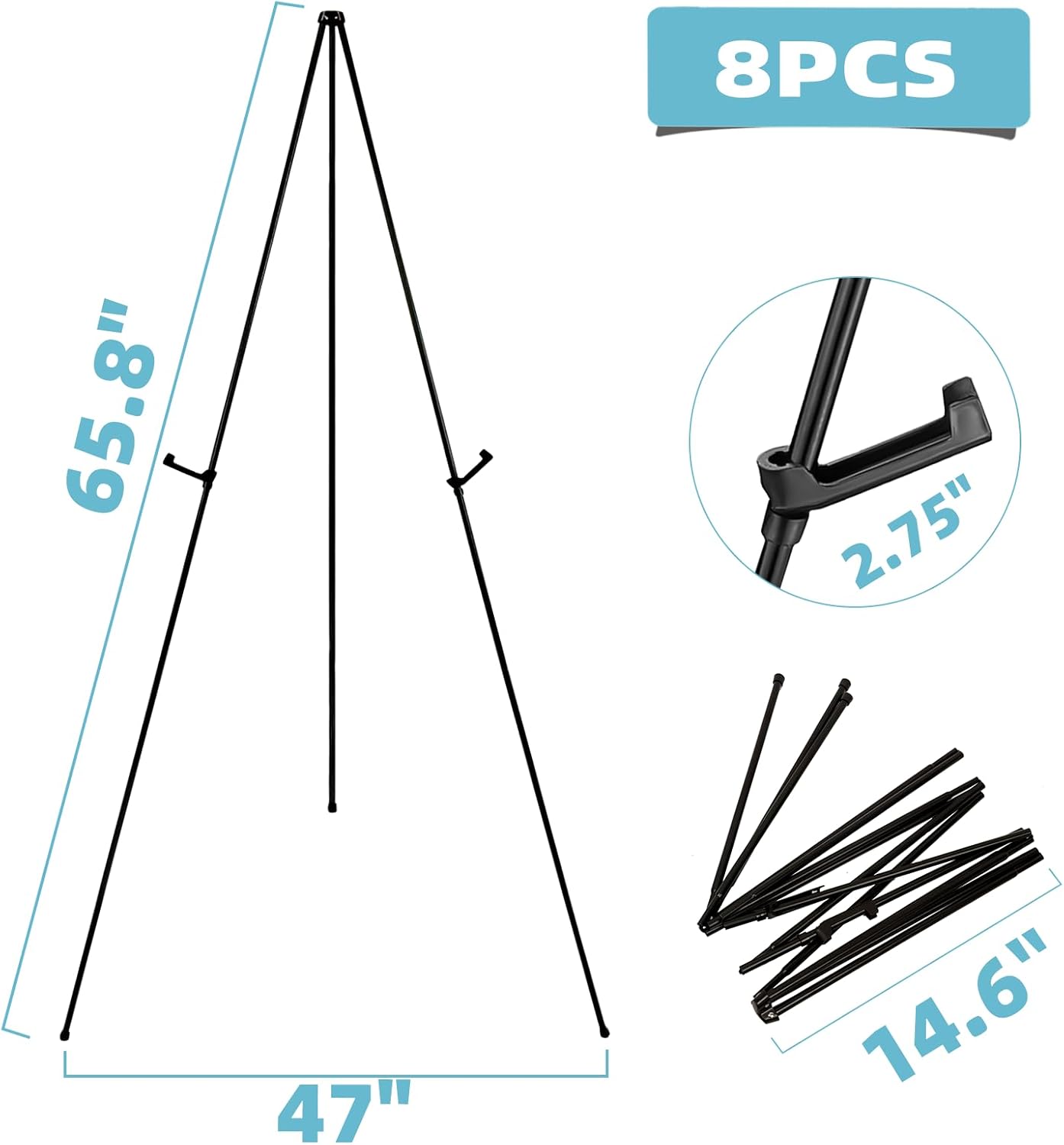 8PCS Black Easel Stand for Wedding Sign Stand, 66 Inch Portable Picture Stands for Display, Tripod Artist Easel for Painting, Floor Wedding Welcome Sign Stand, Metal Easel with Portable Bags