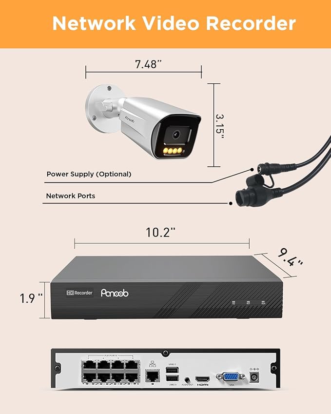 8 Channel Security Camera System, 8PCS 5MP IP Bullet PoE Camera with 2 Way Audio, Smart Dual Lights Color Night Vision, AI Human Detection, Remote Access, 4K 8CH NVR 2TB HDD, PB65A0808-5MD