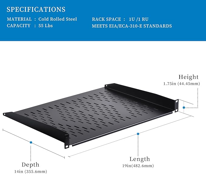 RackPath 1U Cantilever Universal Rack Shelf - 14in Deep – Rackmount Shelf for 19’’ AV/Network Equipment Racks – 55lbs Capacity - 2Pack