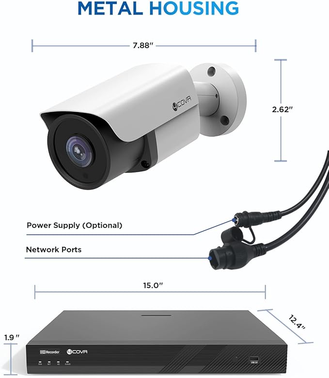 4COVR 16 Channel PoE Security Camera System, AI Human/Vehicle Detection, 16CH 4K NVR 4TB HDD, 12Pcs 8MP Wired Commercial Bullet IP Camera IP67 Night Vision, Business Surveillance Outdoor, LY37EX8M1612