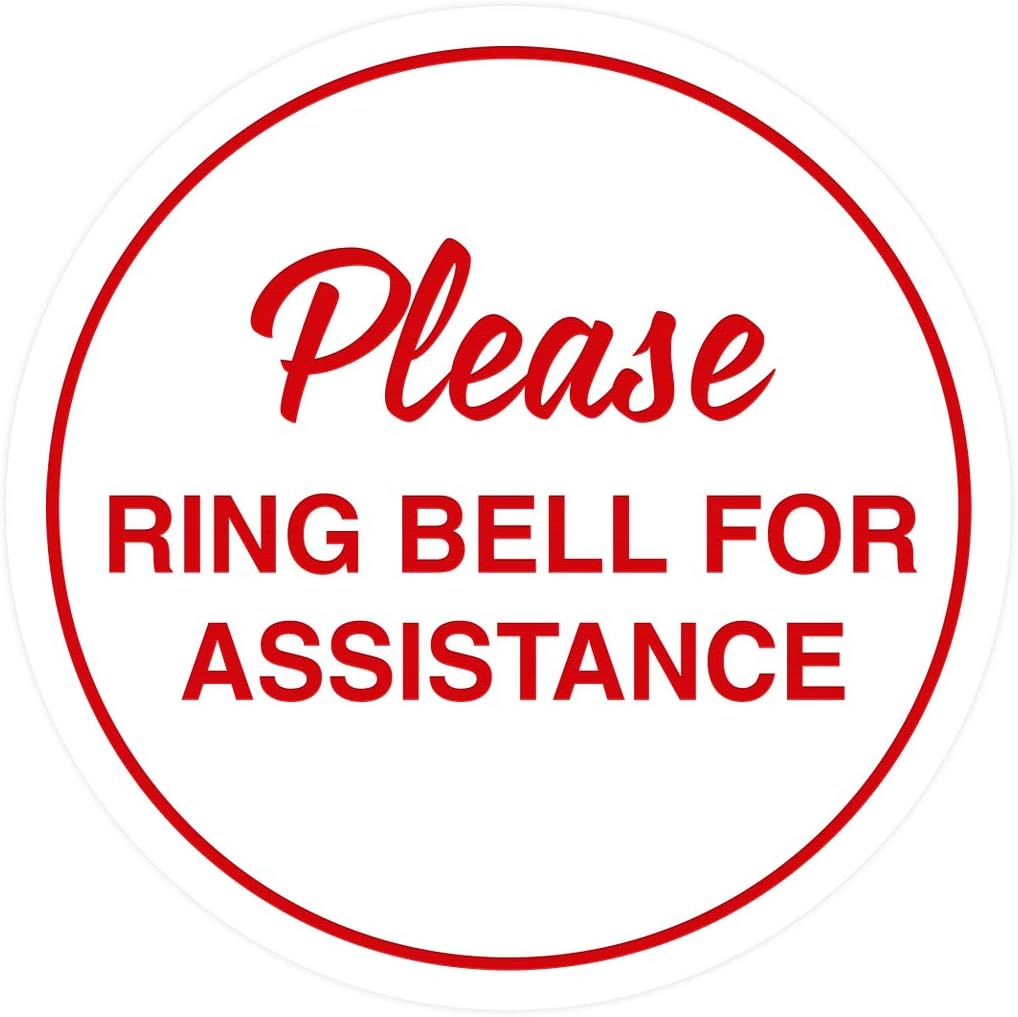 Signs ByLITA Circle Please Ring Bell For Assistance Wall or Door Sign | Easy Installation | Front Desk Reception Sign (White/Red) - Small (10 Pack)