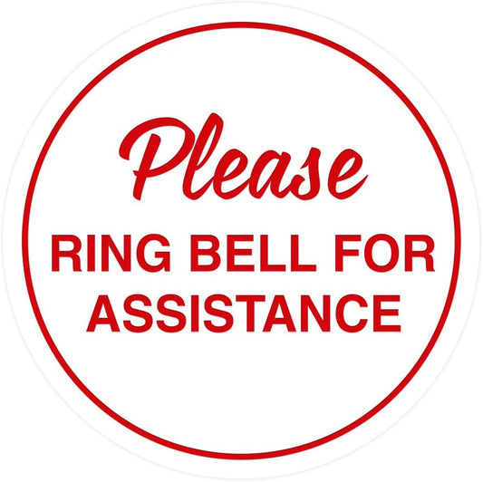 Signs ByLITA Circle Please Ring Bell For Assistance Wall or Door Sign | Easy Installation | Front Desk Reception Sign (White/Red) - Medium (1 Pack)