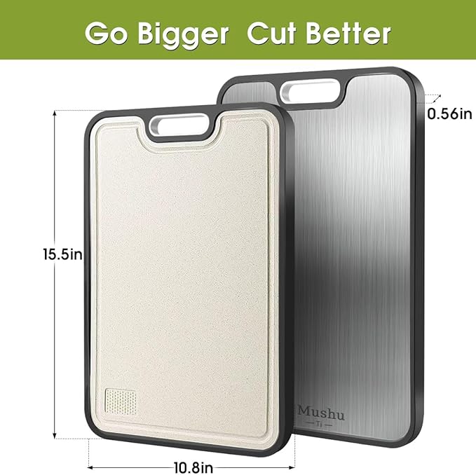 Mushu Titanium Cutting Boards for Kitchen,Upgrated Double Sided Food-Grade 100% Pure Titanium w/Wheat Straw PP Chopping Board for Meat Vegetable Fruit,Easy to Clean,Kitchen Gifts Large Size