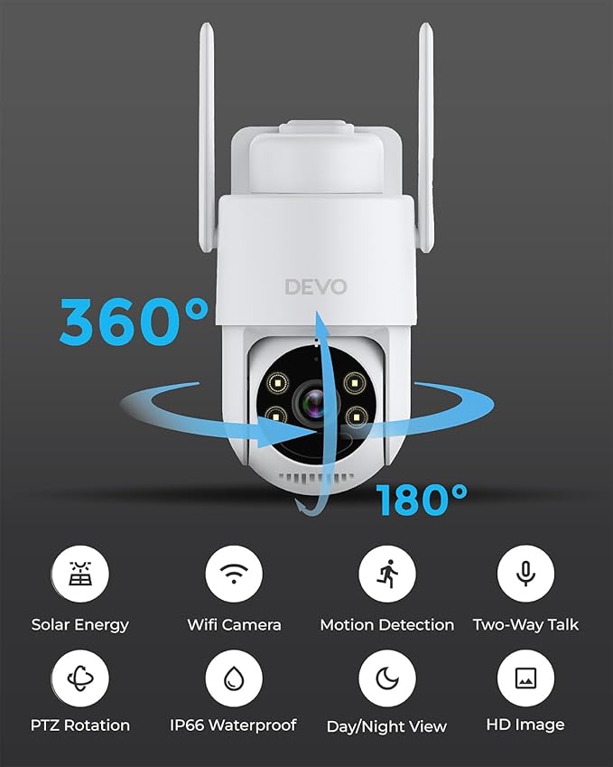 Devo Solar Security Camera Wireless Outdoor, 2.3K HD 360° PTZ Color Night Vision, AI/PIR Human Detection, 2-Way Audio, Solar & Battery Powered, WiFi 6, IP66 Waterproof, Triple Alert System White