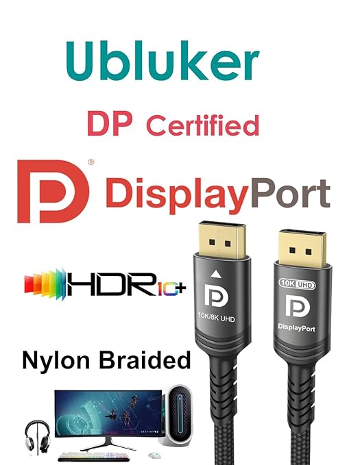 10K 8K DisplayPort 2.1 Cable 54Gbps 50 FT, Certified DP to DP Cord 4K 240Hz 165Hz 144Hz 120Hz 10K 8K 120Hz Nylon Braided UHBR HDCP2.3 FreeSync G-Sync RTX5090 Gaming Monitor PC Projector